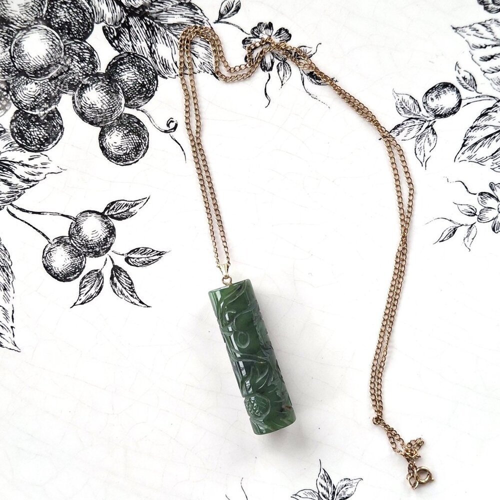 Antique Carved Jade Barrel Pendant on 12 karat gold filled Chain Necklace